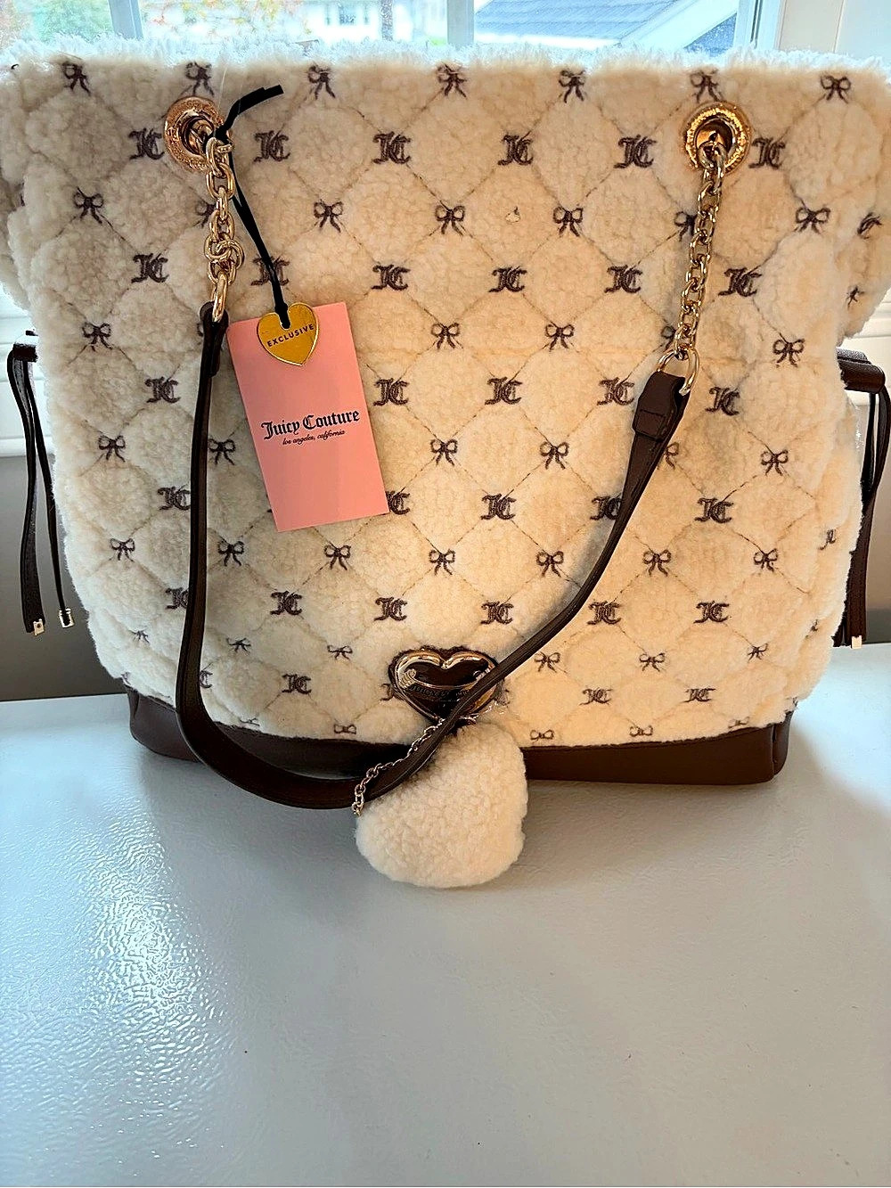 Juicy Couture Loverly Day Tote Sherpa in Cream & Brown